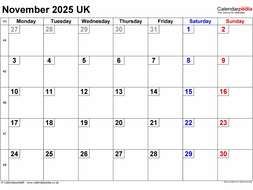 Calendar November 2025 UK With PDF Excel And Word Templates