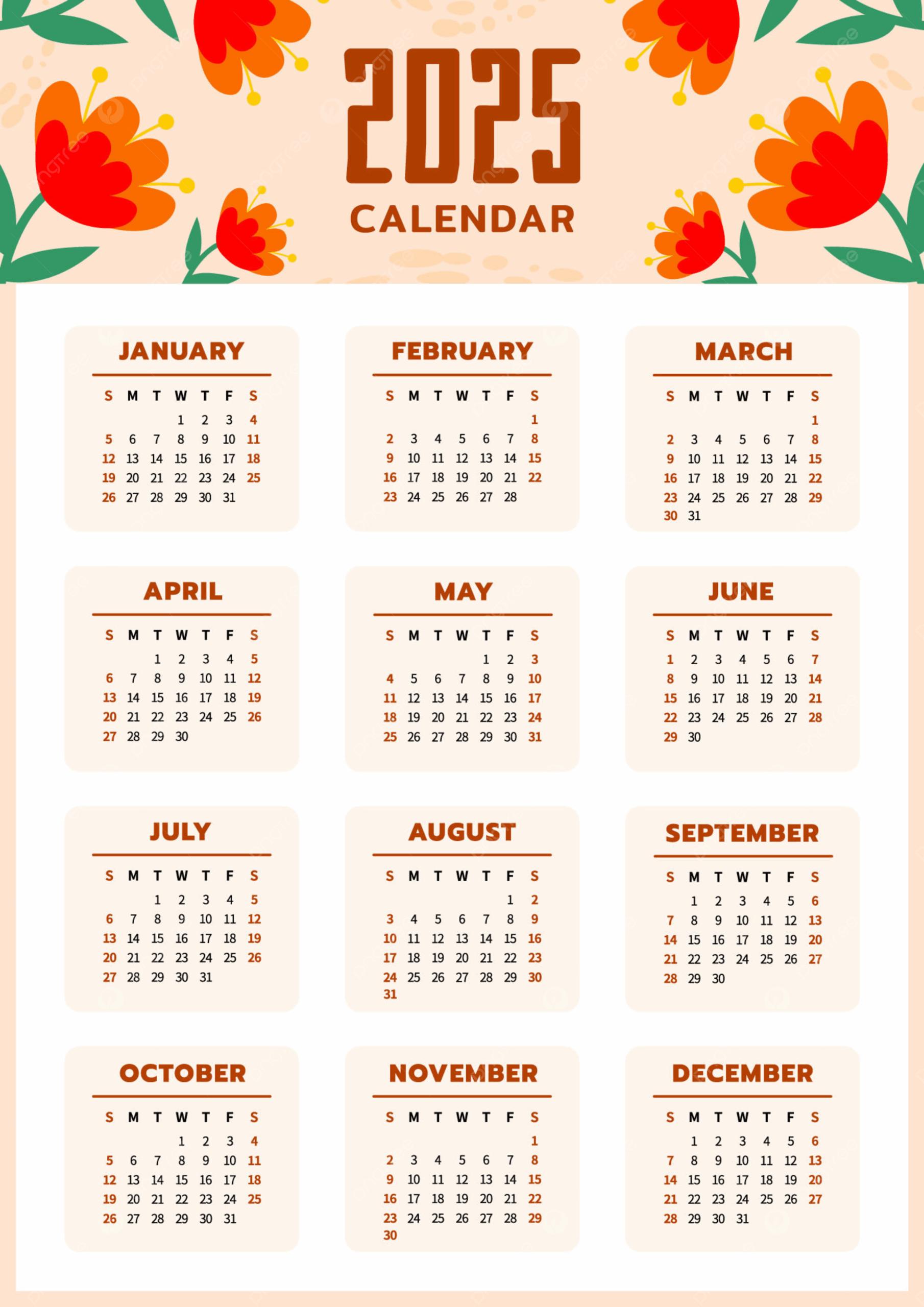 Calendar Red Flowers 2025 Calendar Template Vector Template Download On Pngtree