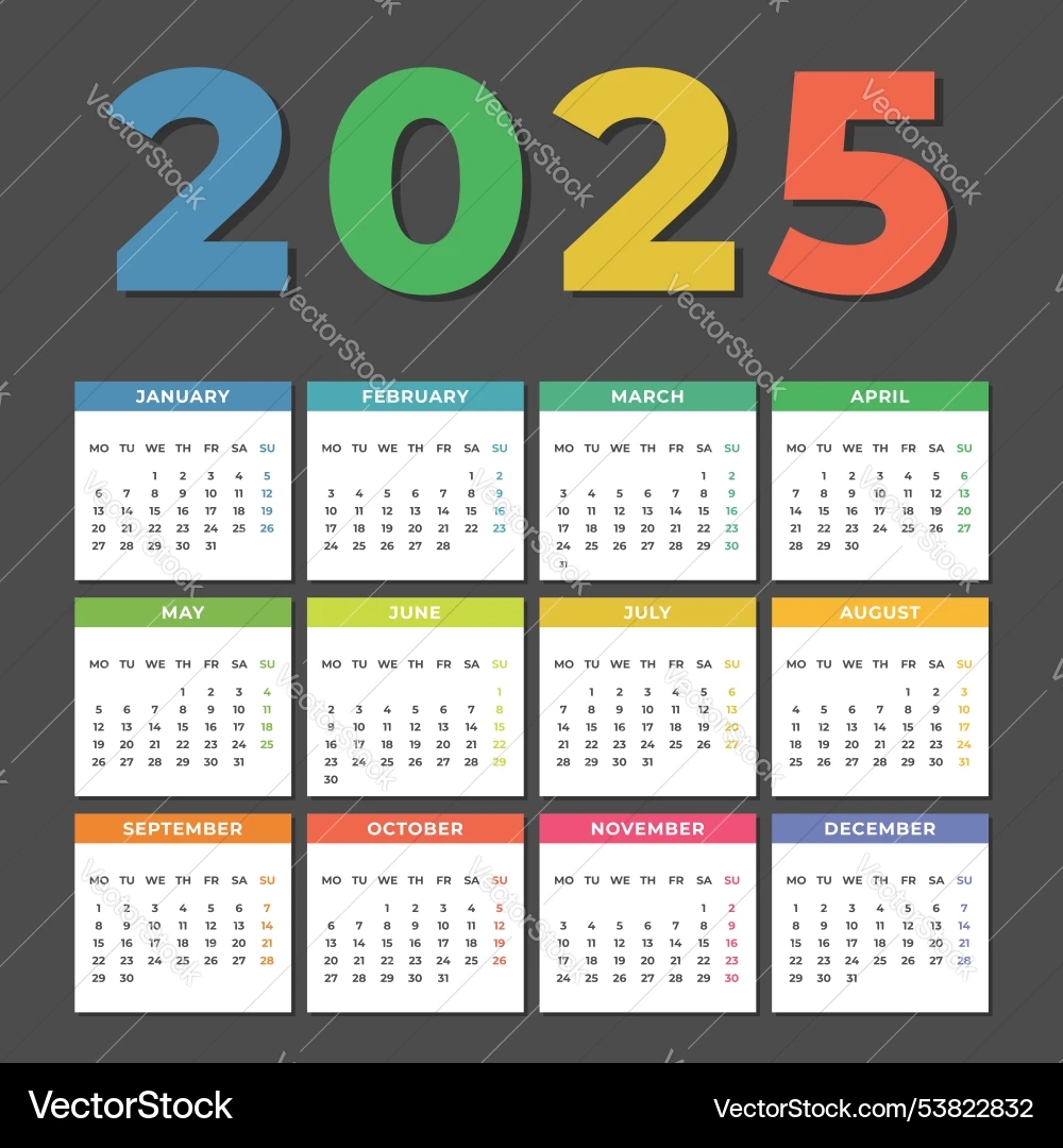 Calendar Template For 2025 Year With Monday Start Vector Image