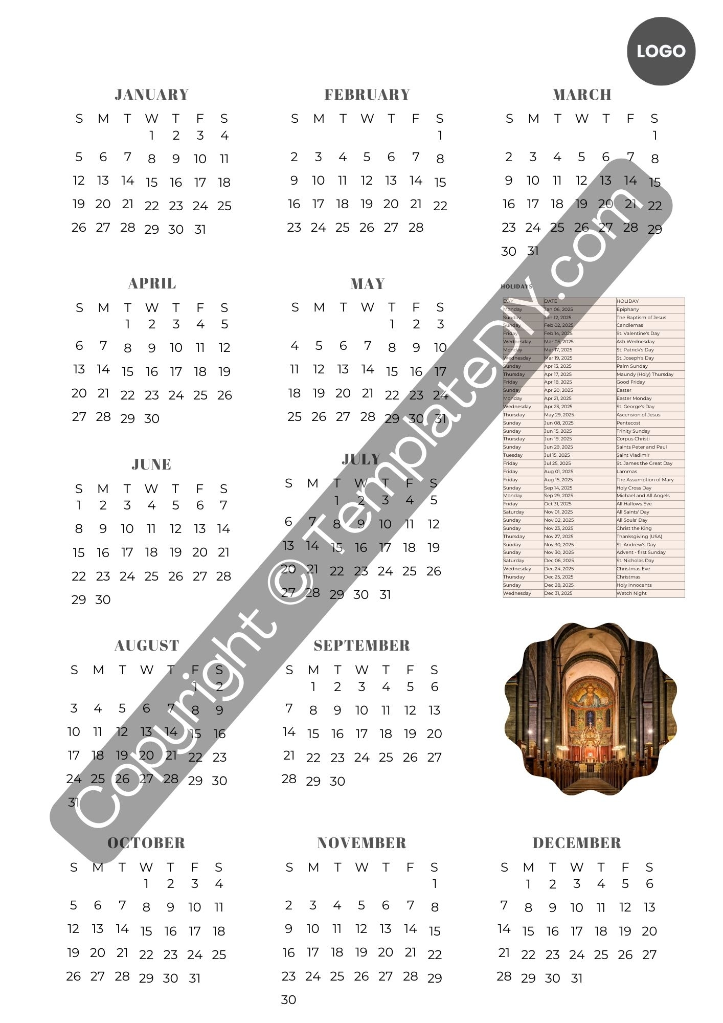 Christian Calendar 2025 Template In PDF Word Excel
