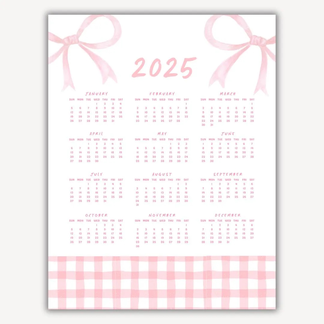Cute Coquette Calendar 2025 Coquette Bow Pink Calendar At A Glance One Page Printable Coquette Calendar Cute Stuff With Bows Etsy