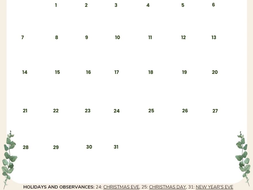 December 2025 Calendar 52 Free PDF Printables