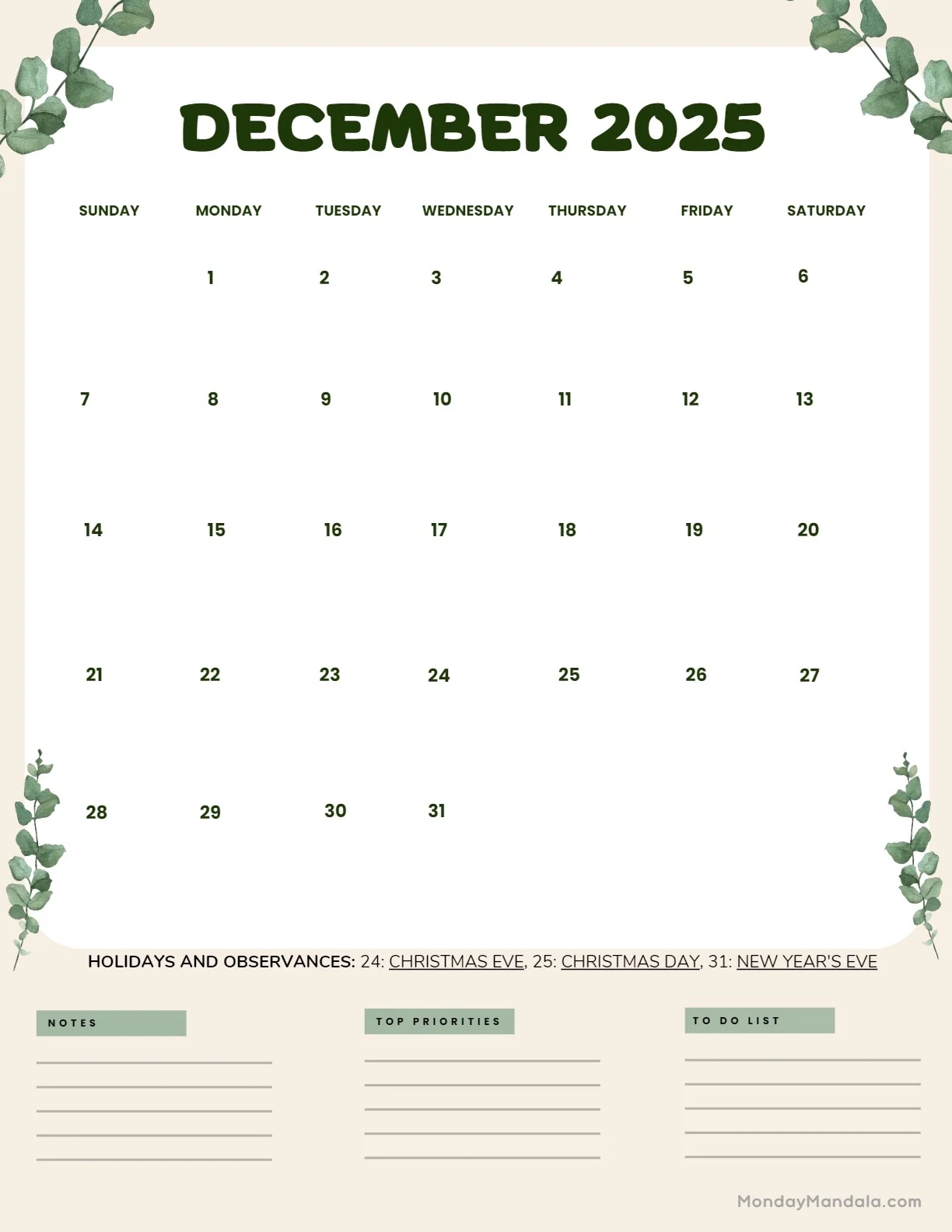 Free Calendar Blank December 2025