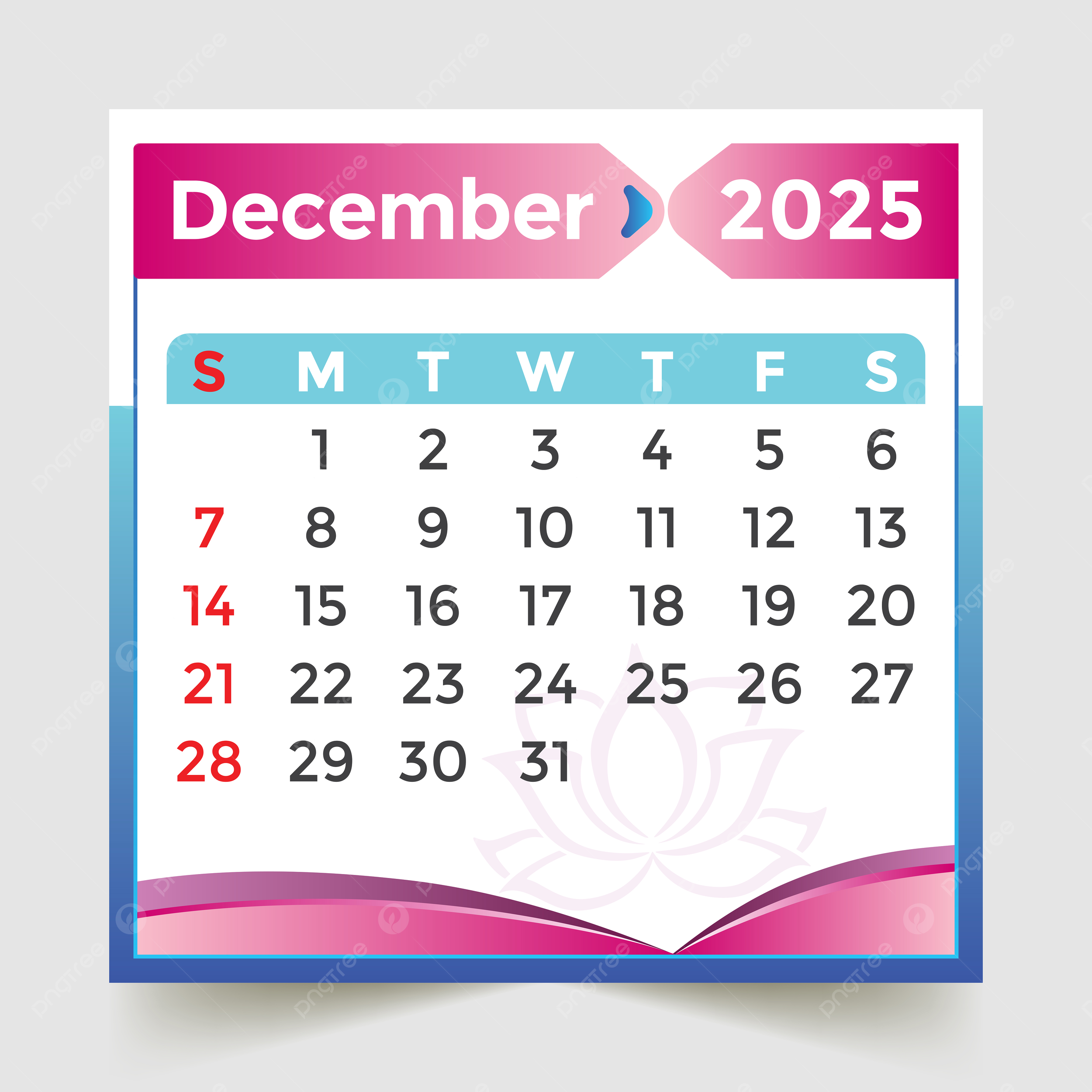 December 2025 Calendar Blue Pink Vector Template Download On Pngtree