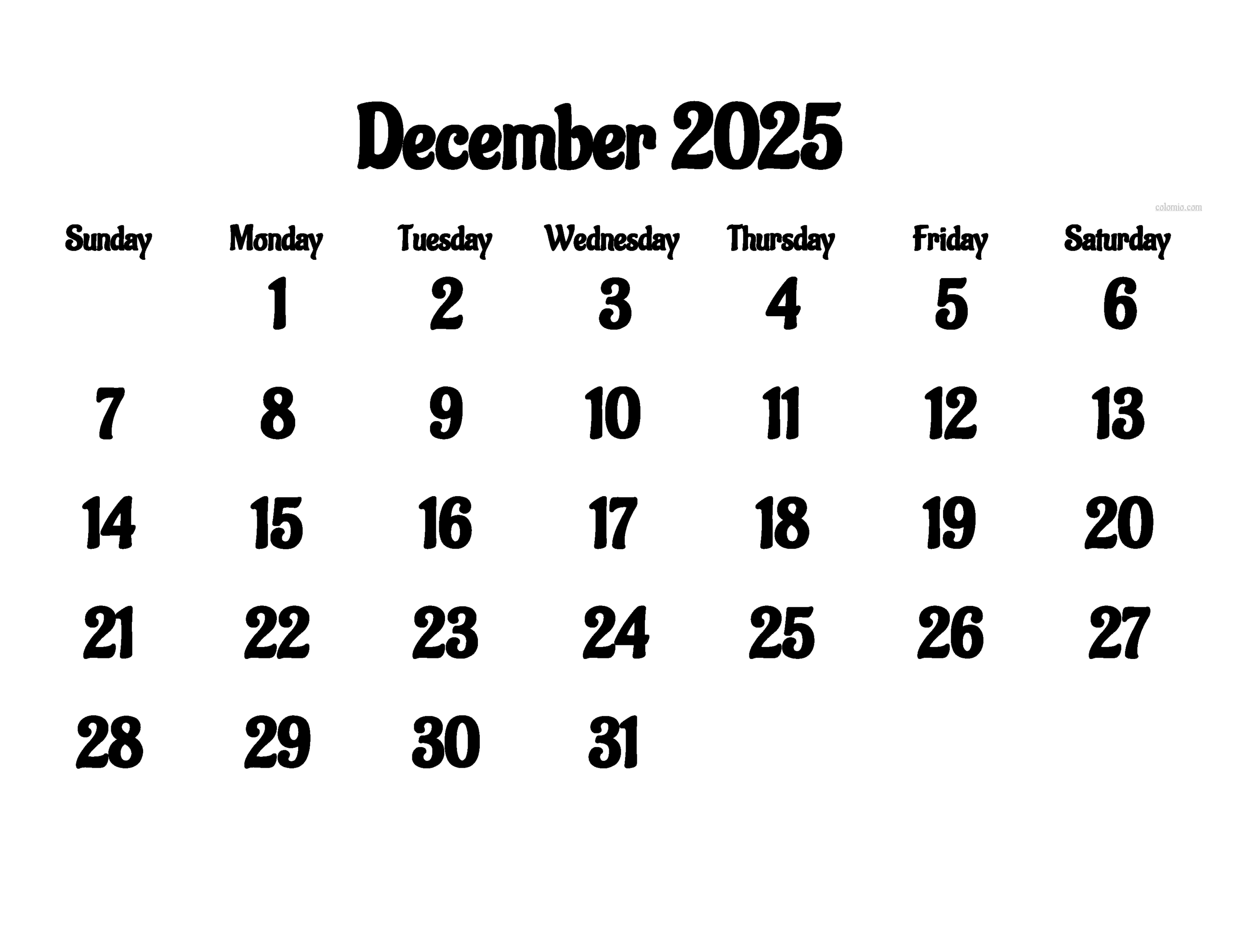 2025 December Blank Calendar