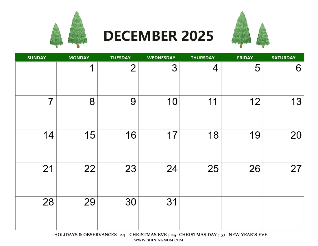 2025 Calendar With Holidays Blank