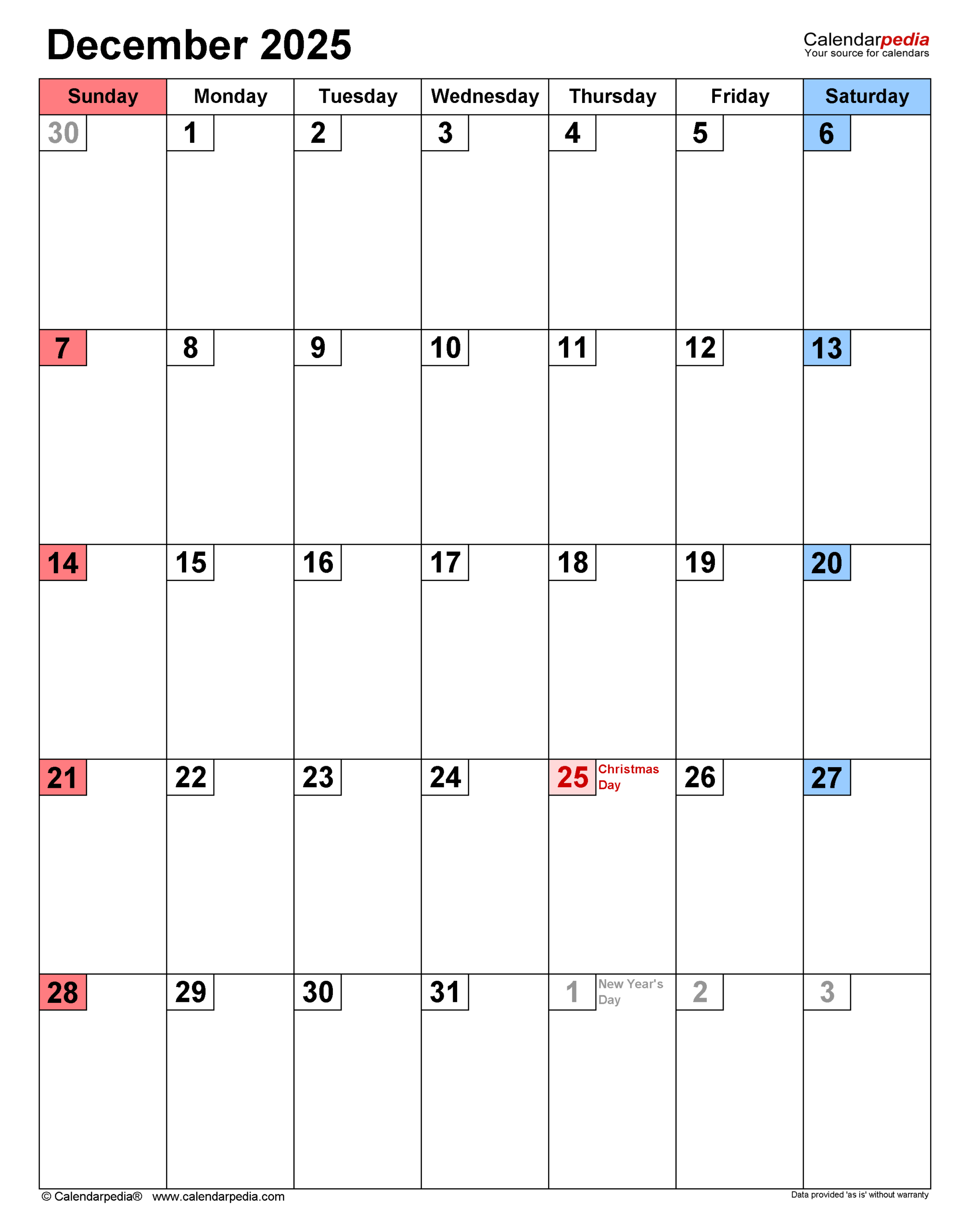 Blank Monthly Calendar December 2025
