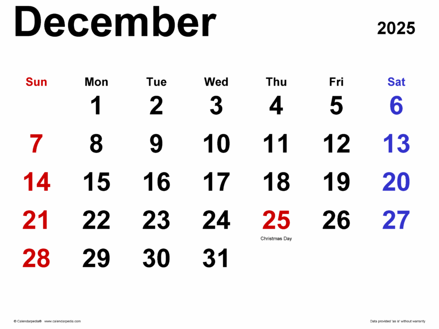 December 2025 Calendar Templates For PDF Excel And Word