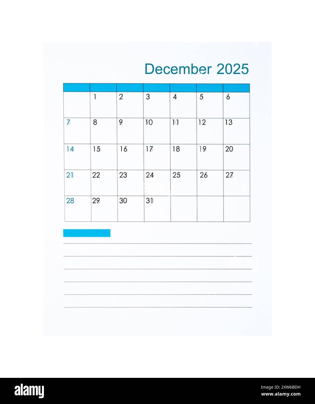 December 2025 Calendar Vertical Template On White Background Stock Photo Alamy