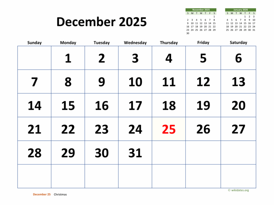 December 2025 Calendar With Extra large Dates WikiDates