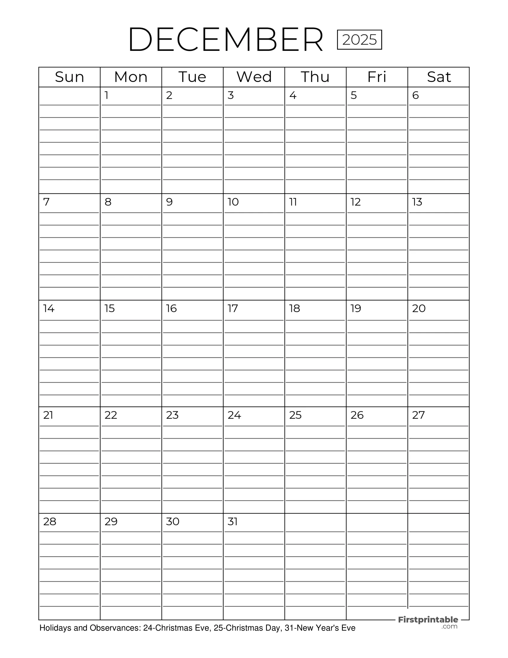 December 2025 Calendars Free Printable Fillable