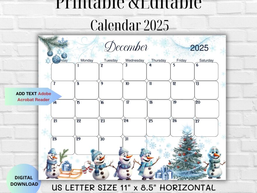 December 2025 Editable Calendar winter Printable Monthly Planner family Calendar Family Planning home Management cute Winter Planner Etsy