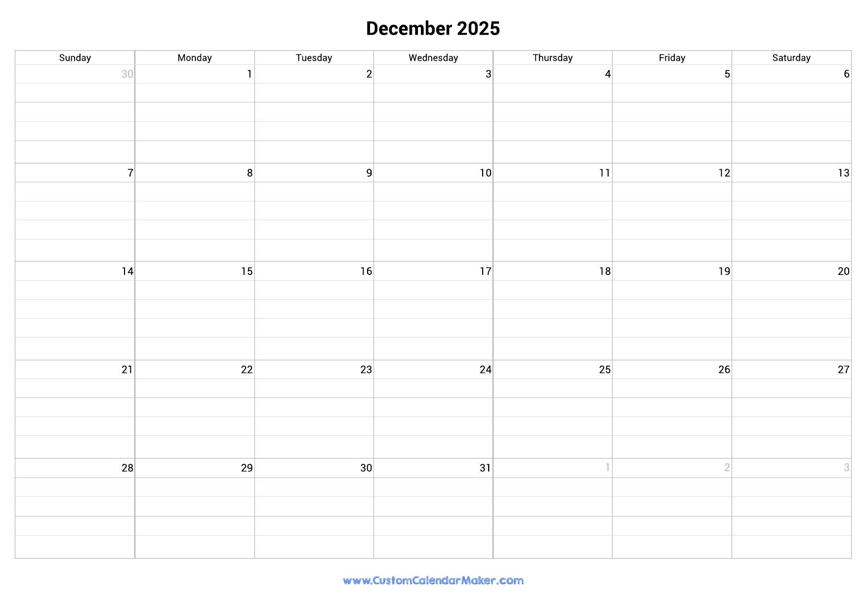 2025 December Calendar Blank