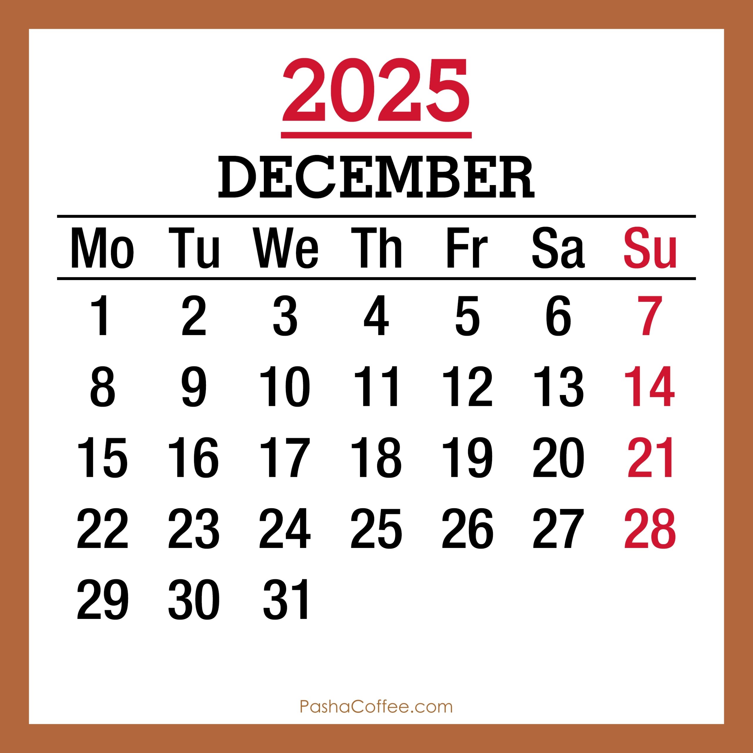 December 2025 Monthly Calendar Printable Free Beige Monday Start PashaCoffee