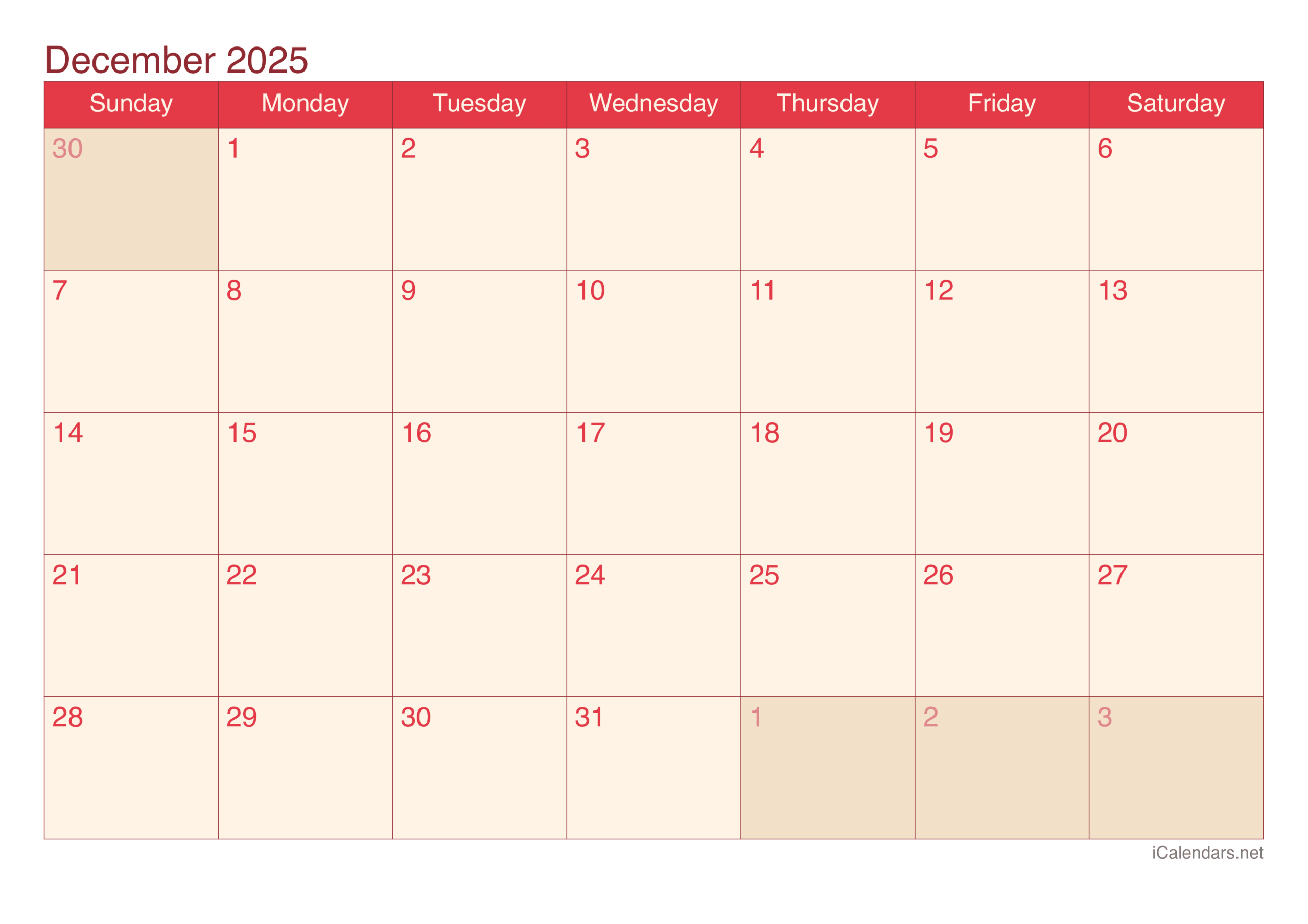 Blank Calendar 2025 Dec