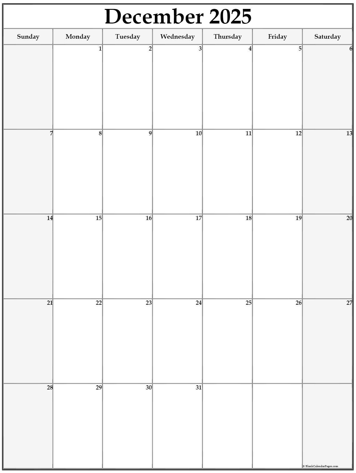 December 2025 Vertical Calendar Portrait