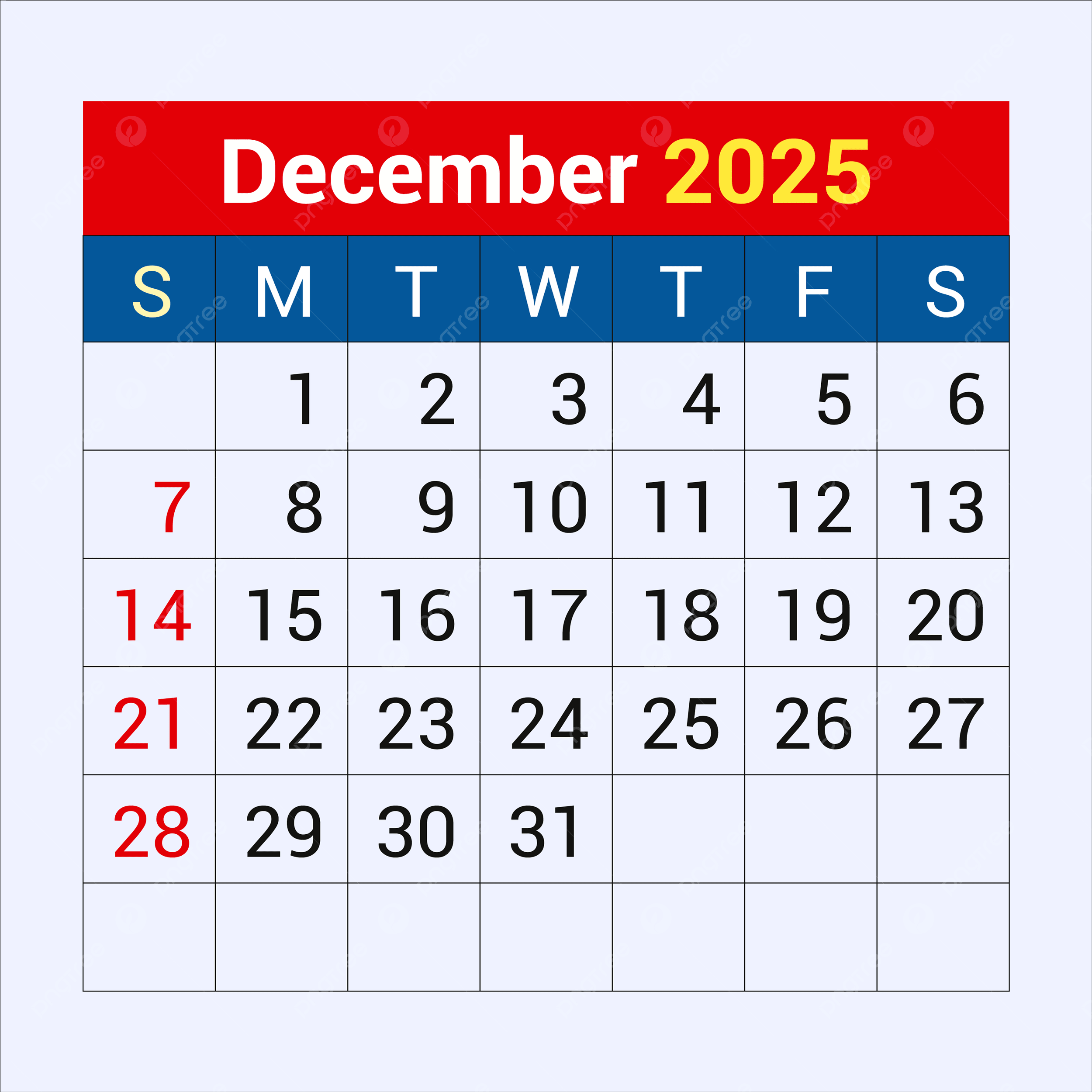 December Calendar 2025 Vector Template Download On Pngtree