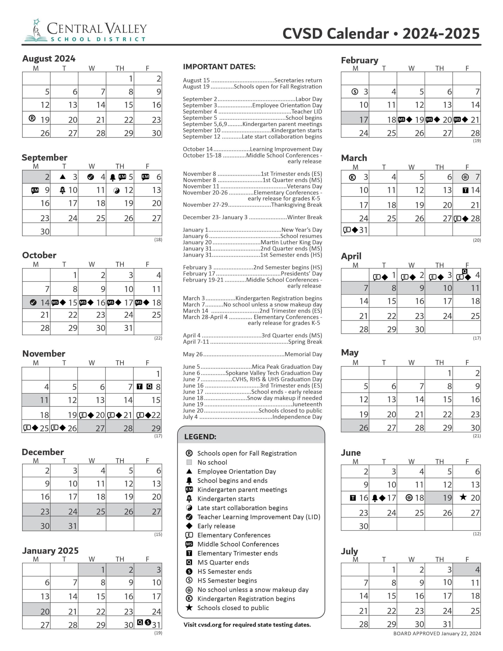 District Printable Calendar 2024 2025 District Printable Calendar Central Valley School District
