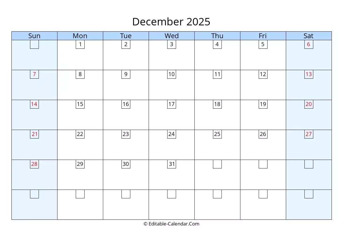 Blank December 2025 Calendar Downlaod