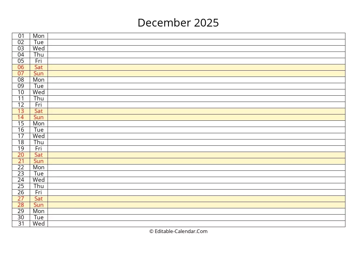 Download Editable 2025 Calendar December Weeks Start On Sunday