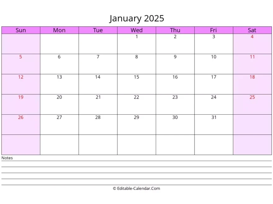 Download Free Editable Calendar January 2025 With Notes Weeks Start On Sunday