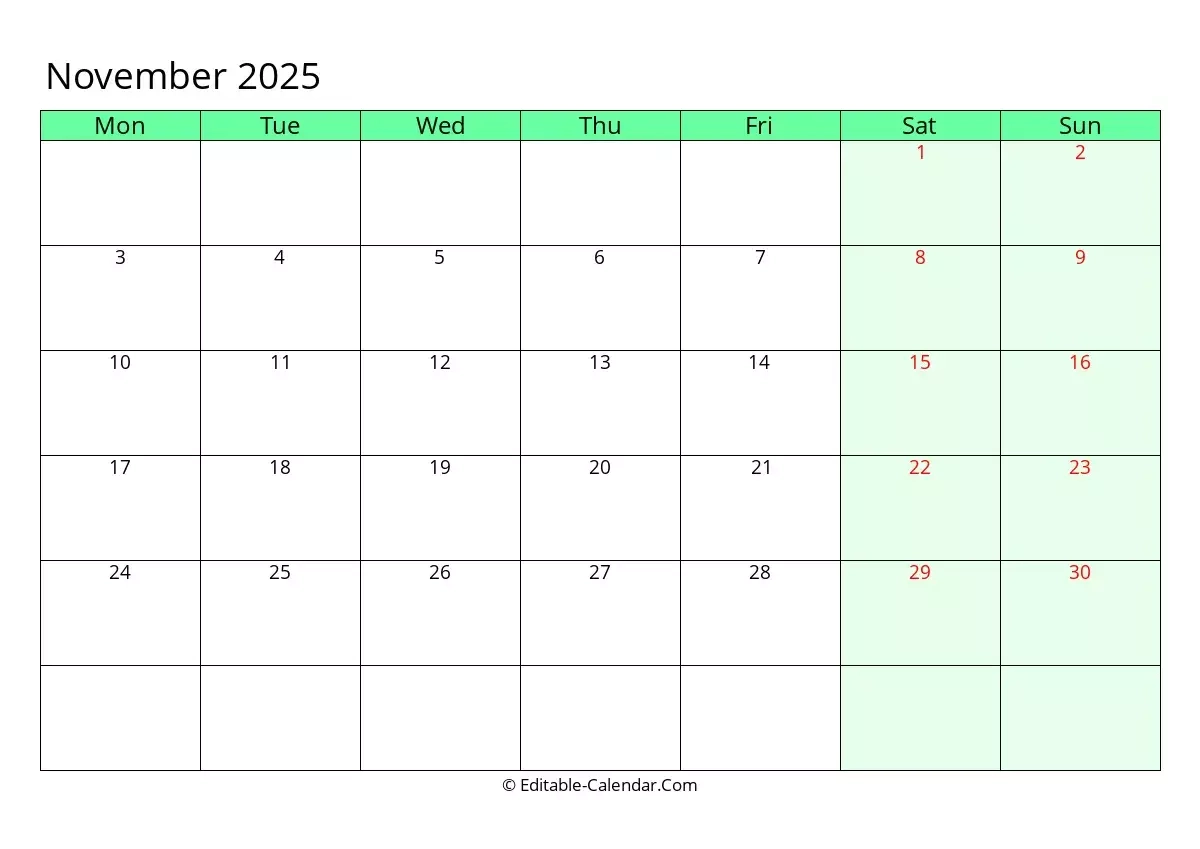 Download Large Font November 2025 Calendar Editable Monday Start