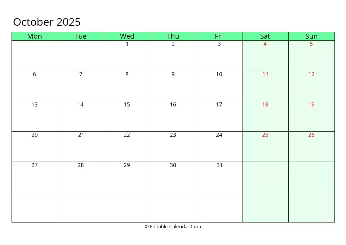 Blank October 2025 Months Calendar