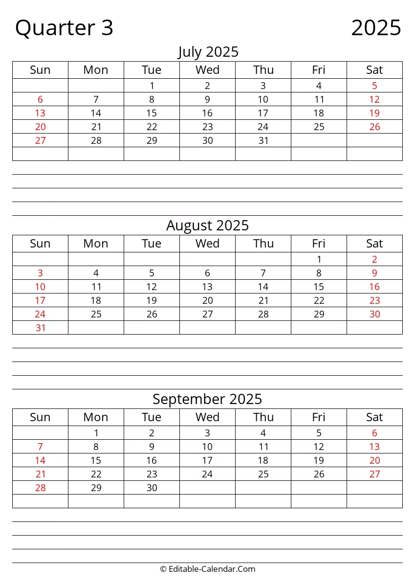 Download Quarter 3 2025 Fillable Calendar With Notes Sunday Start