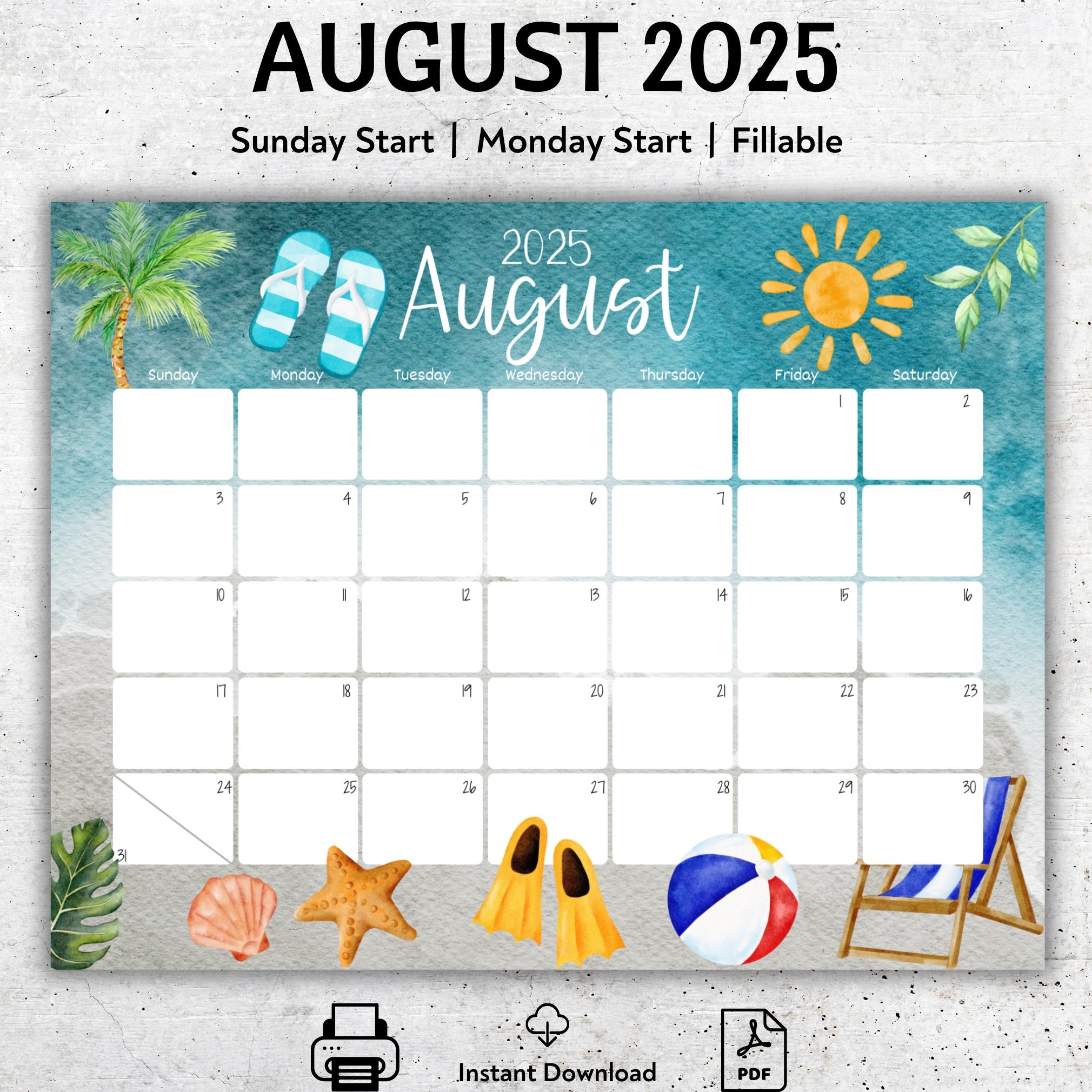 EDITABLE August 2025 Calendar Beautiful Summer Beach Sun Flip Flops Printable Vacation Planner Simple Organizer Instant Download Etsy