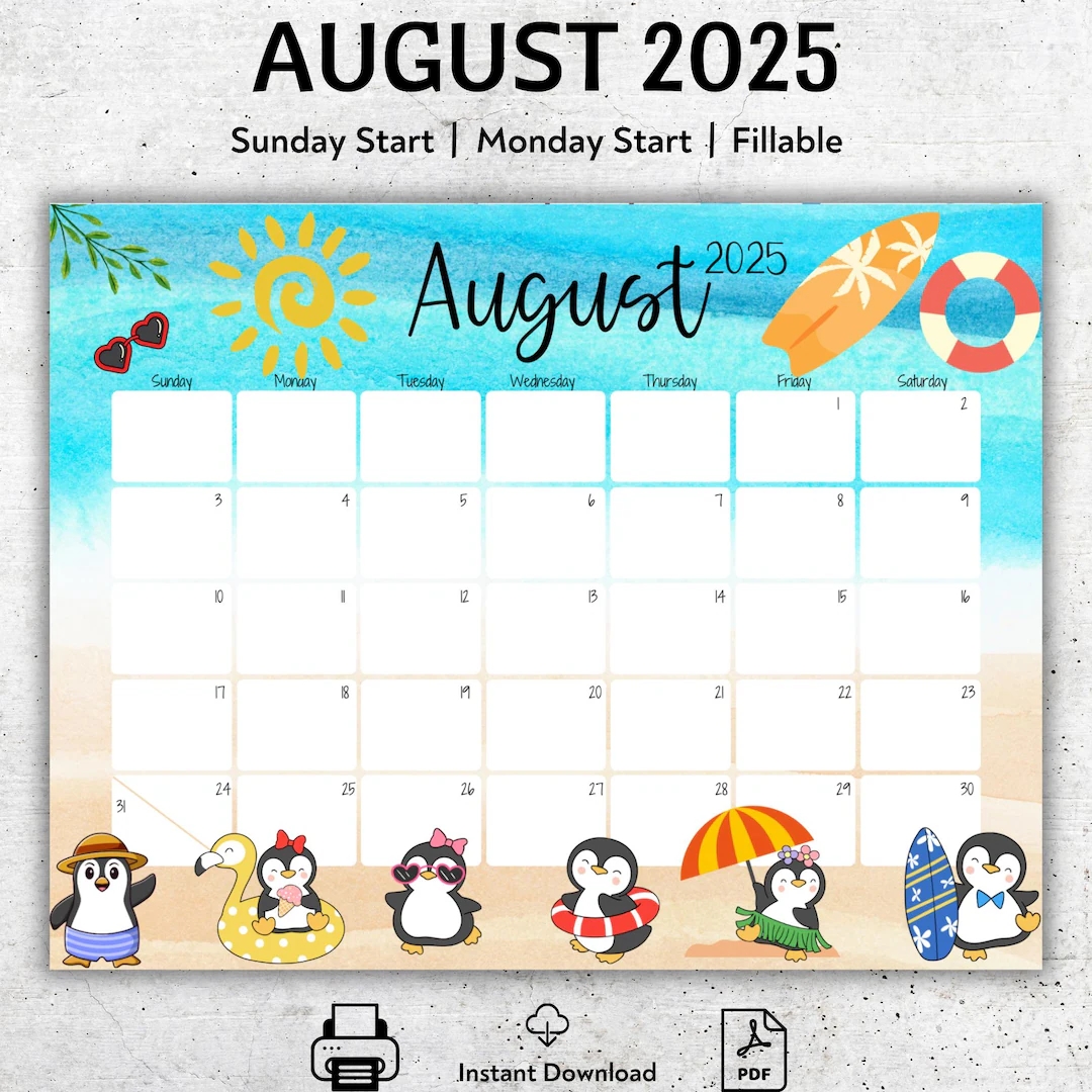 EDITABLE August 2025 Calendar Beautiful Summer Cute Penguins Colorful Printable Vacation Planner Simple Organizer Instant Download Etsy