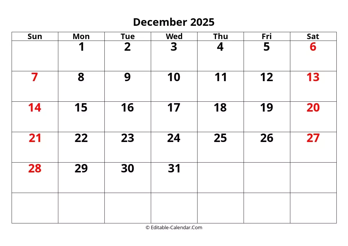 Blank Calendar With Holidays December 2025