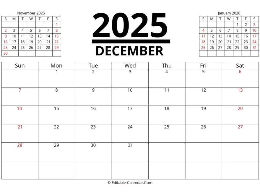Editable Calendar December 2025 In Excel Word PDF