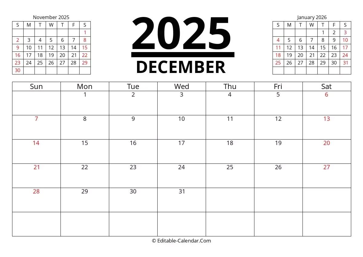 Blank December 2025 Calendar To Print
