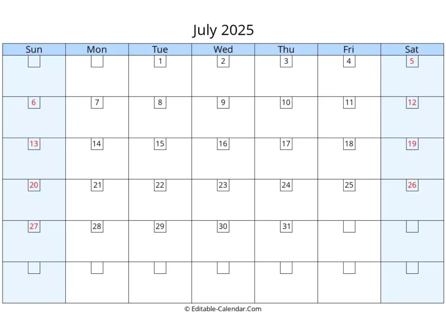 Editable Calendar July 2025 In Excel Word PDF