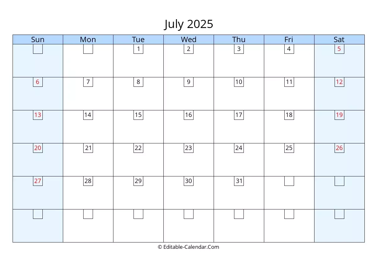 Editable Calendar July 2025 In Excel Word PDF