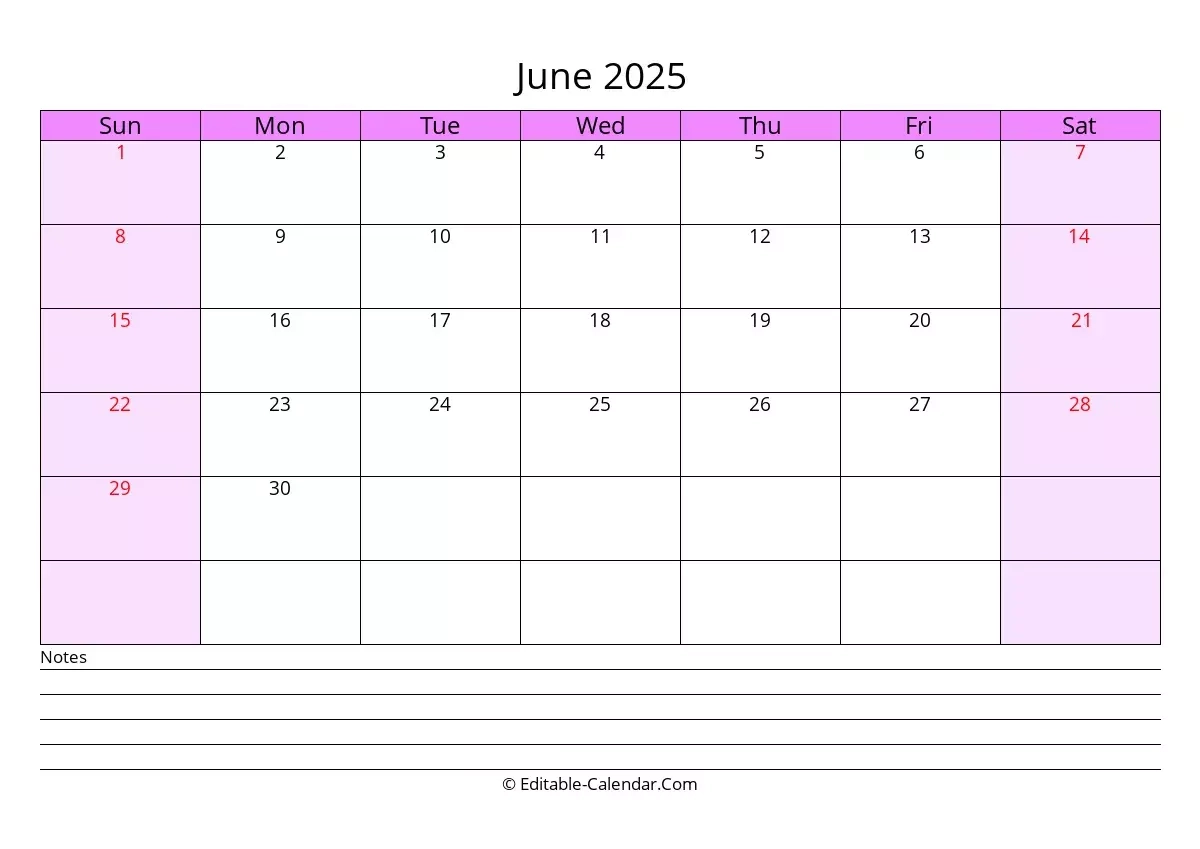 Editable Calendar June 2025 In Excel Word PDF