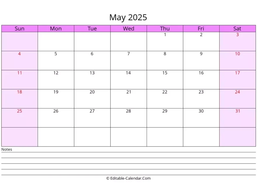 Editable Calendar May 2025 In Excel Word PDF