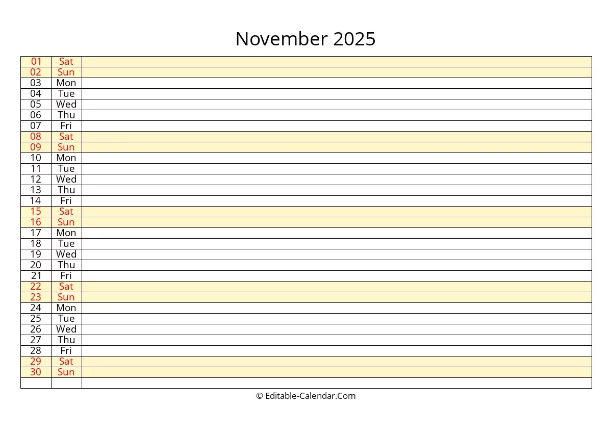 Blank Printable November Calendar 2025