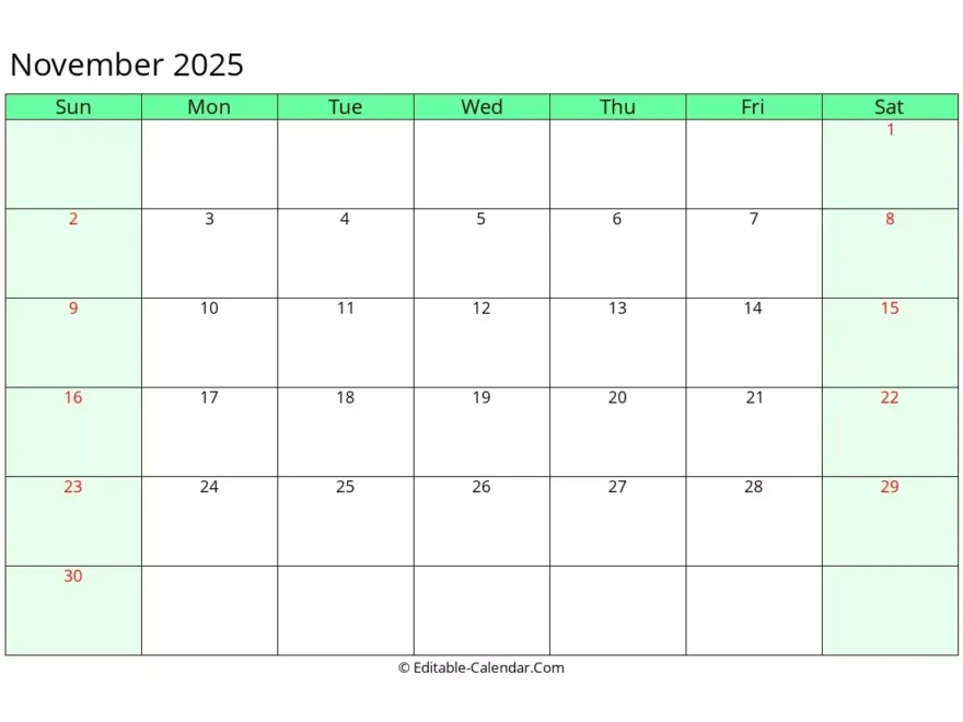 Editable Calendar November 2025 In Excel Word PDF