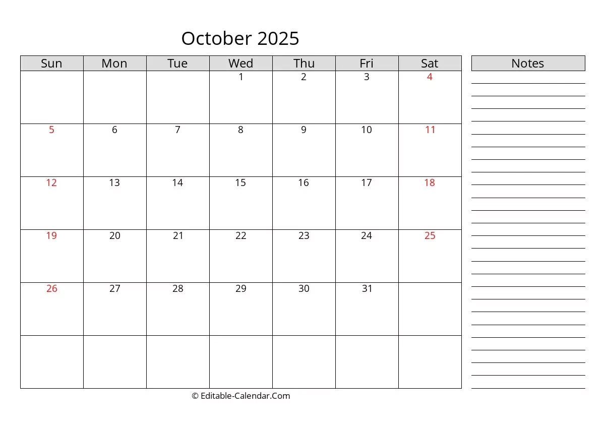 Editable Calendar October 2025 In Excel Word PDF