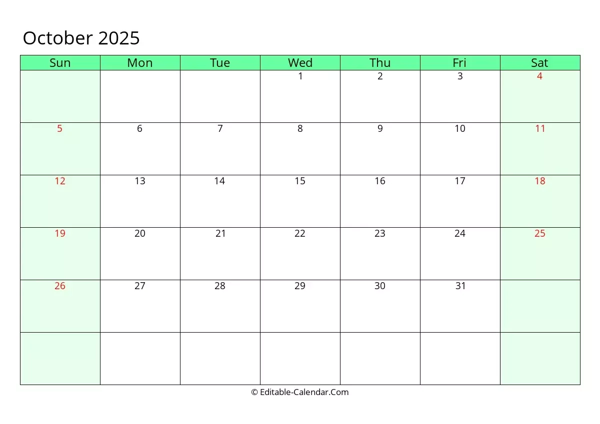 Editable Calendar October 2025 In Excel Word PDF