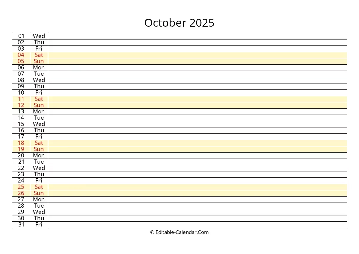 Free Blank Calendar Template October 2025