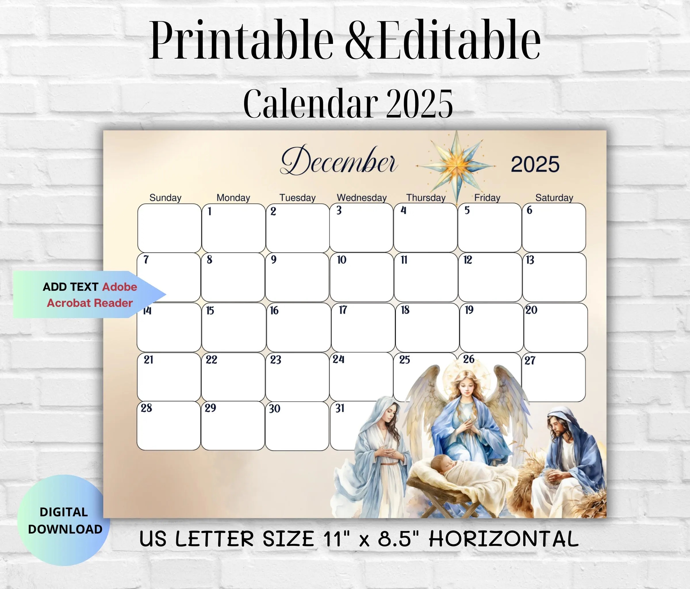 EDITABLE December 2025 Calendar Christian Christmas nativity Religious Fillable Monthly Planner Instant Download december Planner Etsy