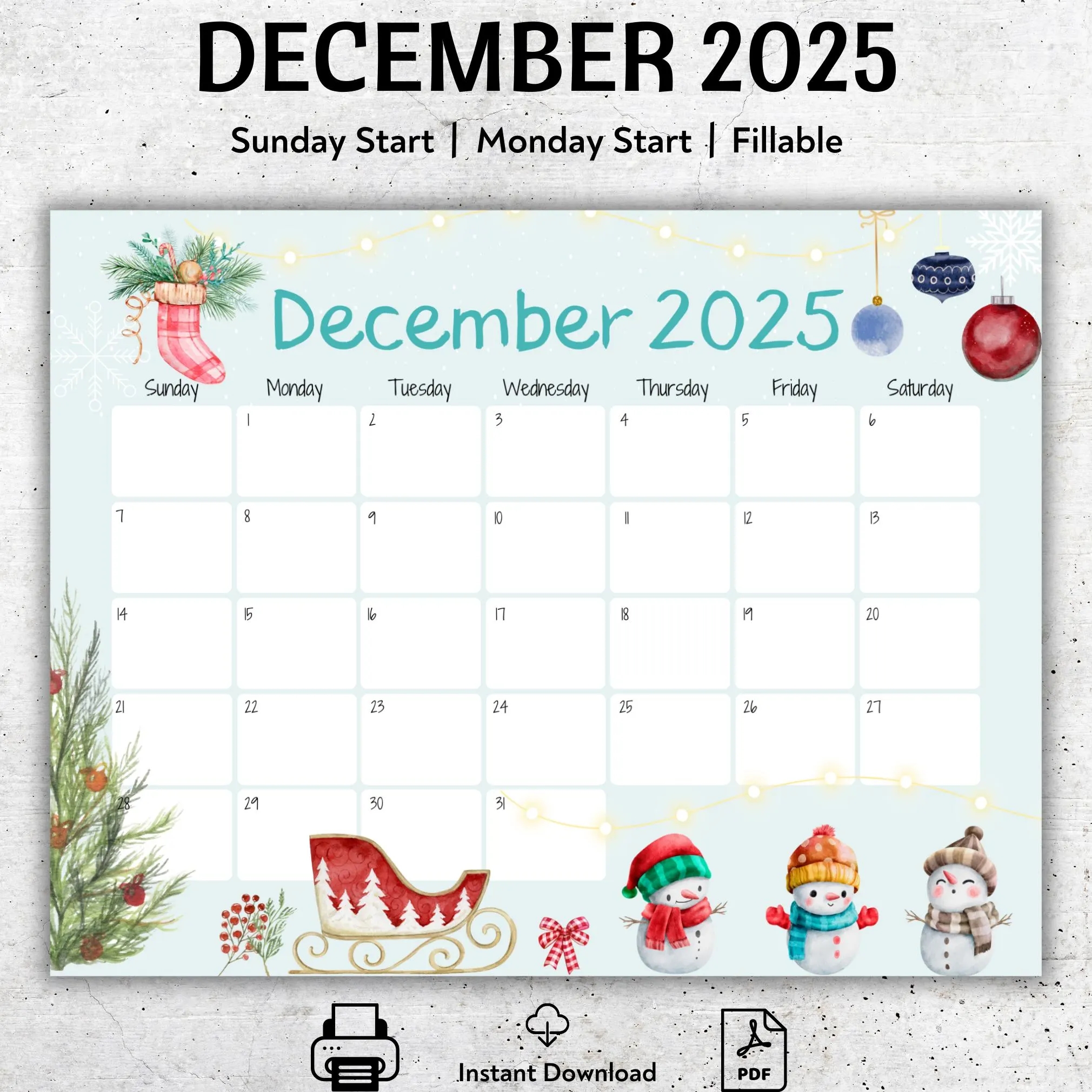 Blank Calendar December 2025 Snowman