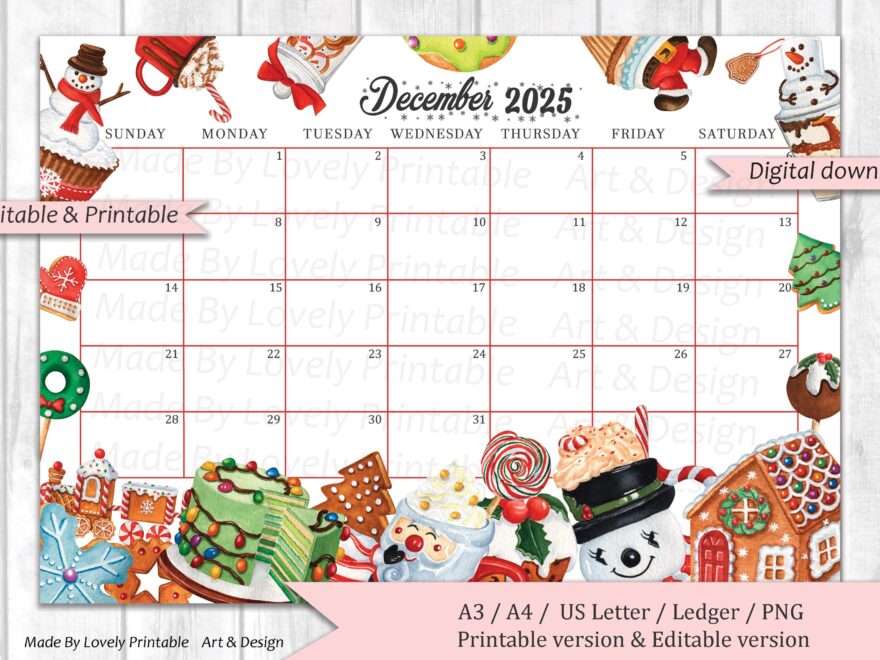 EDITABLE December 2025 Calendar Christmas Sweets Drinks Printable Monthly Calendar Christmas Planner Kids School Schedule Instant Dow Etsy