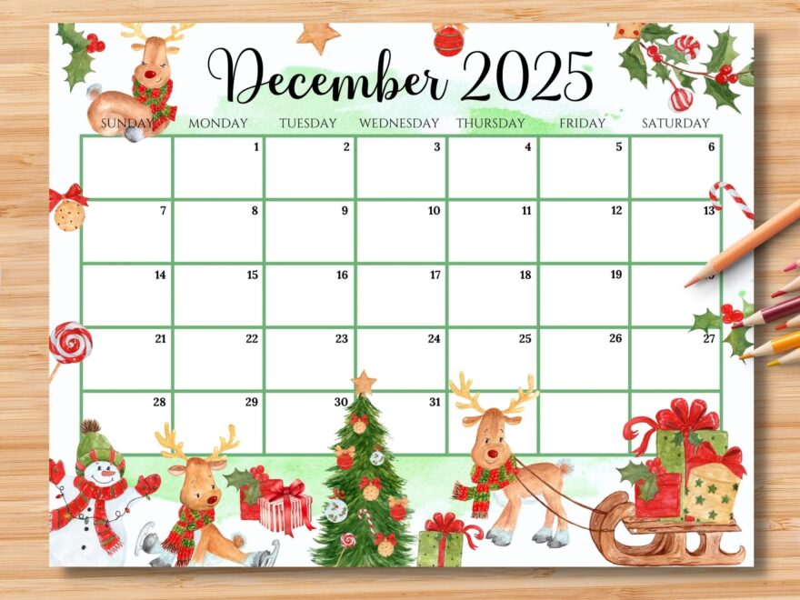 EDITABLE December 2025 Calendar Colorful Christmas With Cute Reindeers Printable Monthly Planner For Kids School Home Office Work Etsy