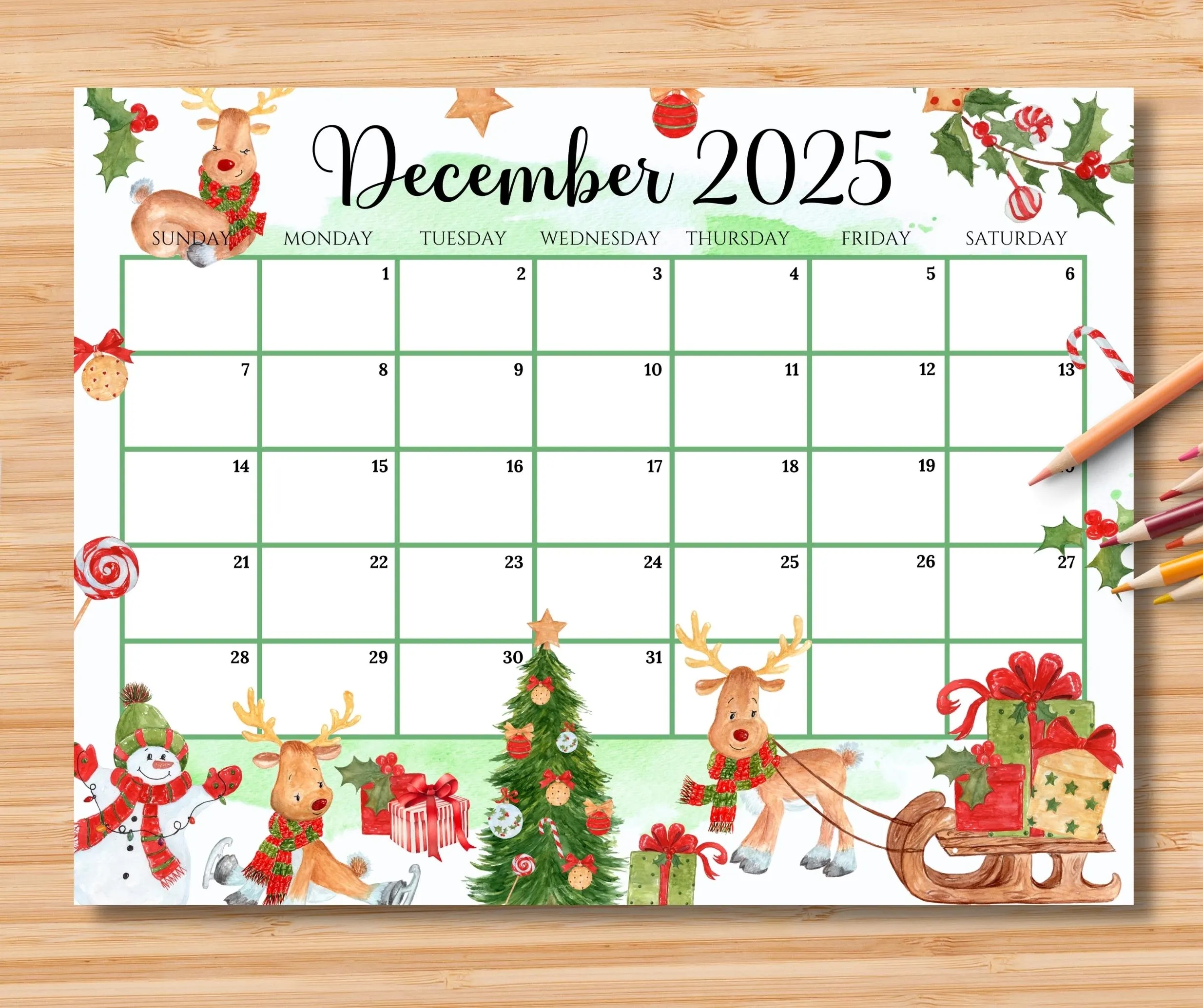 EDITABLE December 2025 Calendar Colorful Christmas With Cute Reindeers Printable Monthly Planner For Kids School Home Office Work Etsy