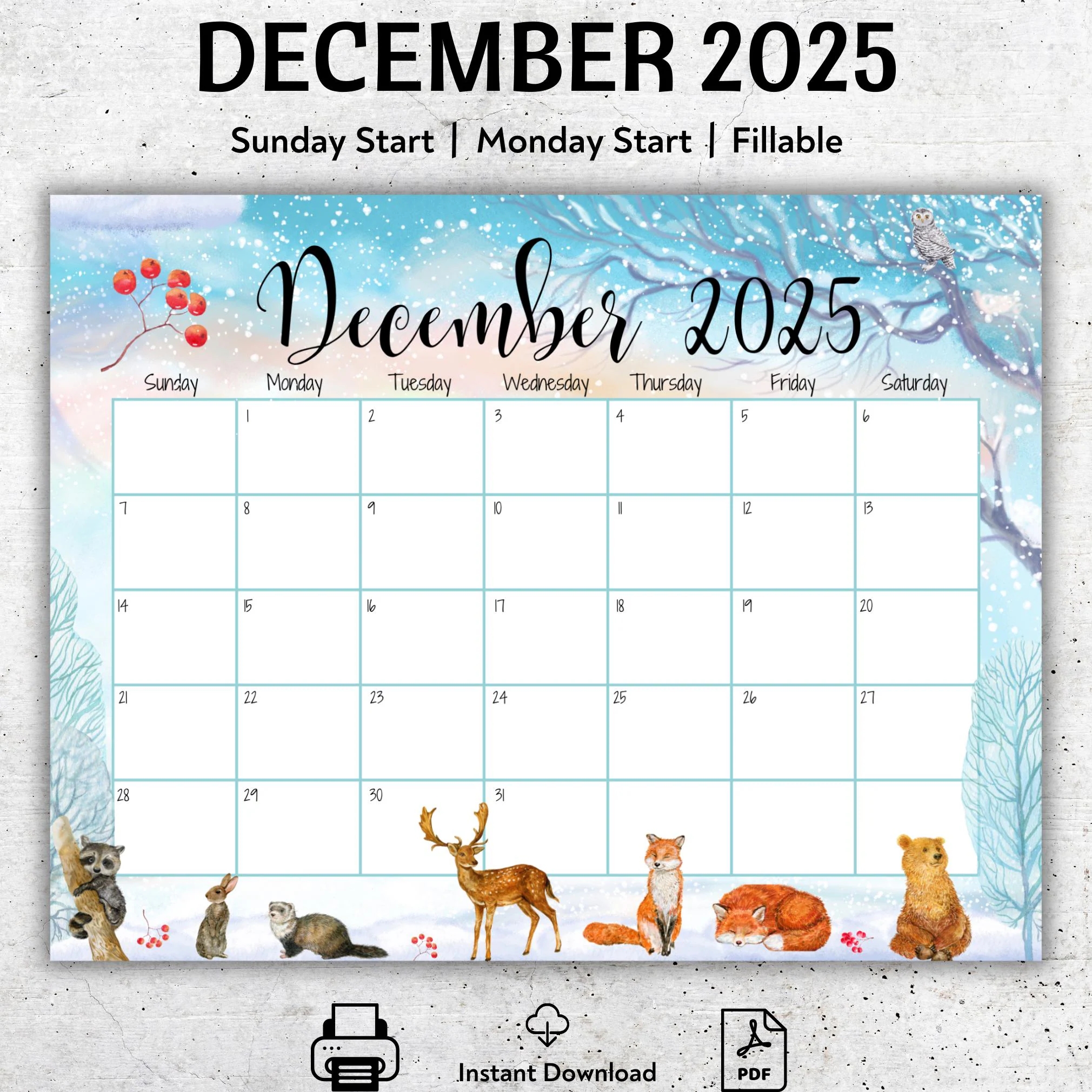 EDITABLE December 2025 Calendar Cute Animals Beautiful Winter Printable Calendar Fillable Monthly Planner Kids Weekly Schedule PDF Etsy