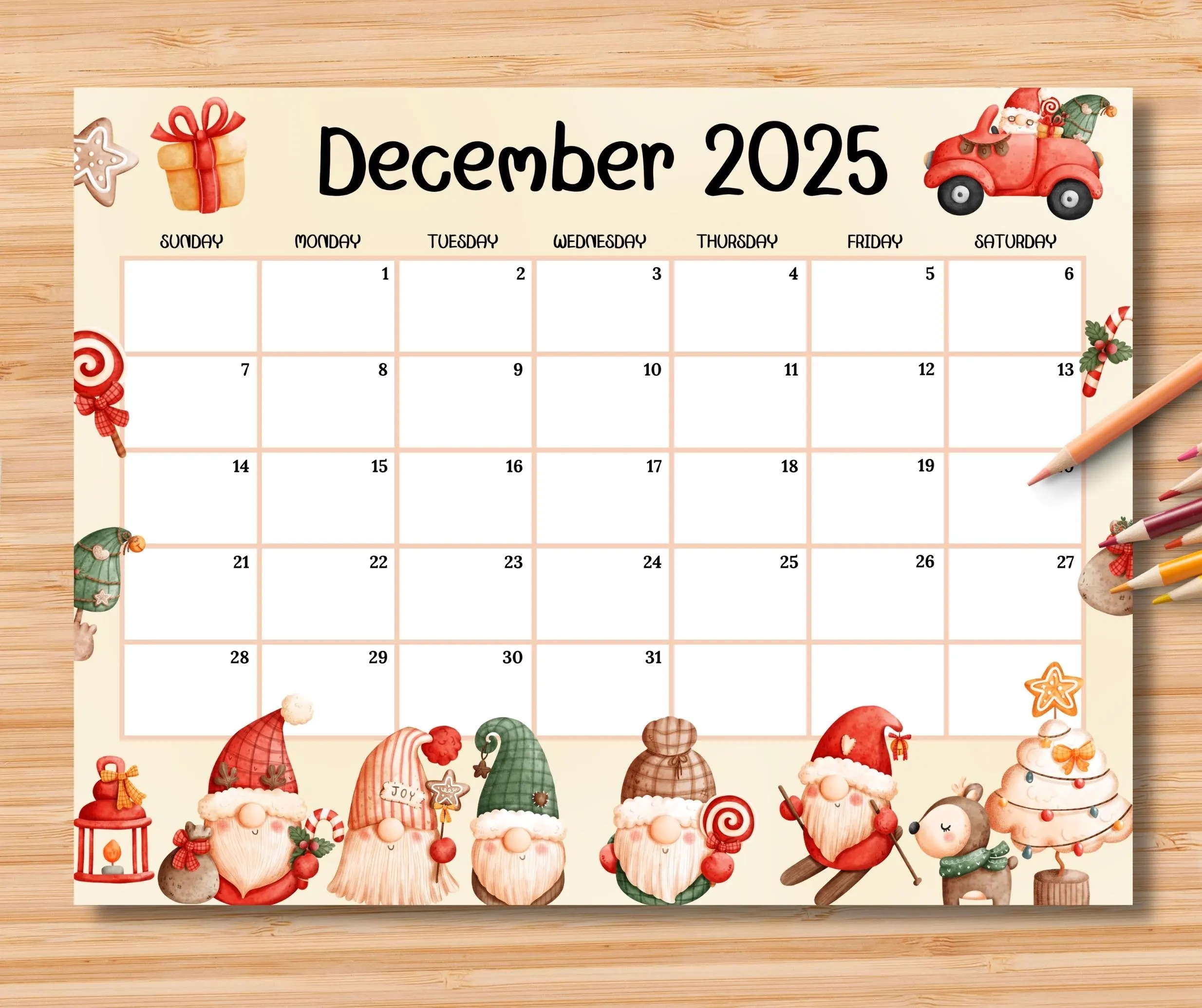 EDITABLE December 2025 Calendar Joyful Christmas W Cute Gnome Printable Monthly Planner For Kid School Home Work Office Instant Download Etsy