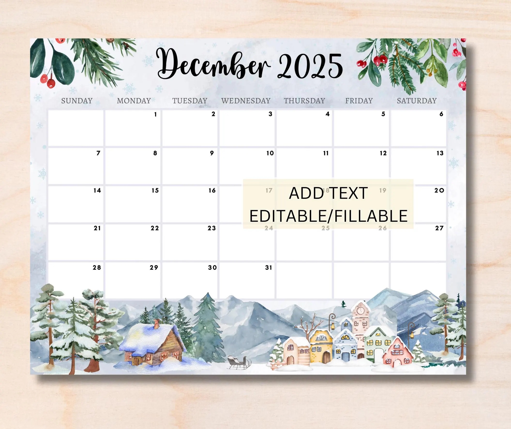 Blank Calendar December 2025 Editable Word